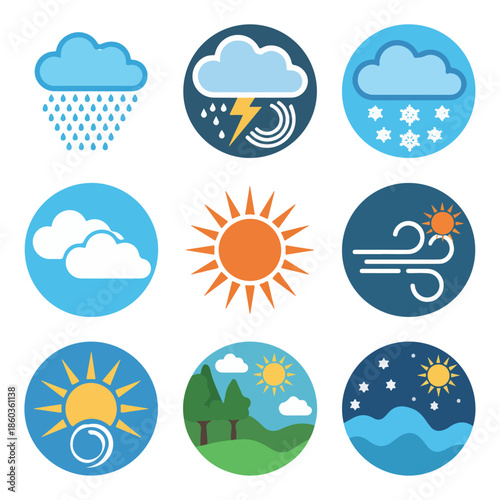 Clean and modern weather forecast icon set featuring rainy, stormy, snowy, cloudy, sunny, and windy conditions. Includes day and night variations for summer and winter themes. Designed in a minimal 