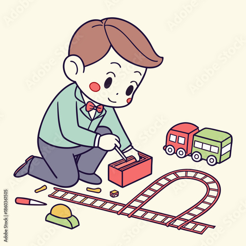 Boy playing with toy train set on floor