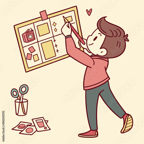 Boy planning on a vision board with drawings
