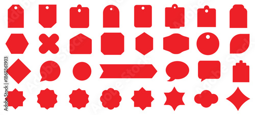 Red sticker signs, corner label banners and ribbons for product promotion sale, new arrival in store and online shop special offers. Stamp Style Shapes and Labels, vector illustration.