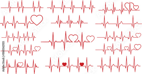 Collection of red heartbeat electrocardiogram lines featuring decorative heart symbols