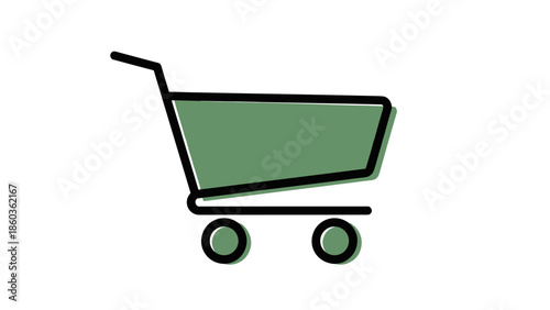 Illustration of a Green Shopping Cart with Black Outline and Wheels.
