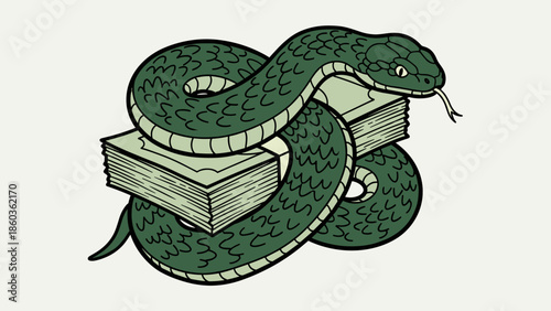 Illustration of a Green Snake Coiled Around Stacks of Money.