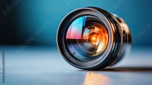 Close-Up View of a Camera Lens with Glowing Elements and Beautiful Reflections on a Soft Blue Background