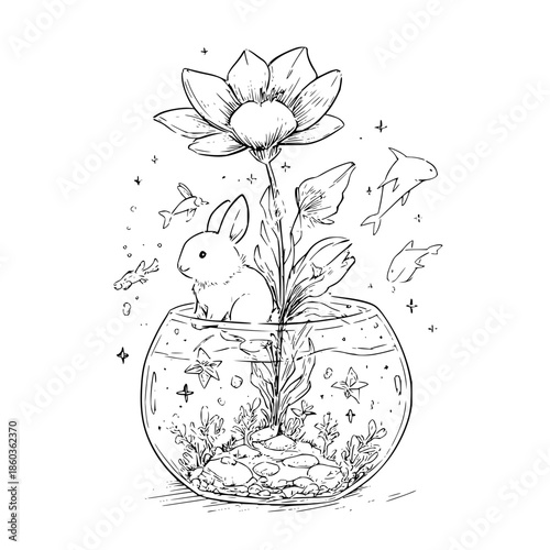 Rabbit Sitting in Fishbowl with Lotus Flower and Fish