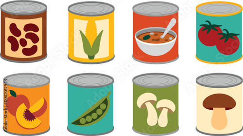 Canned food flat illustration set with vegetables fruits beans soup mushrooms, colorful grocery tin packaging icons vector collection isolated