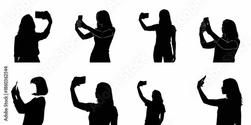 Eight black silhouettes of young women holding smartphones in various poses to take selfies or photos, isolated vector illustration set.