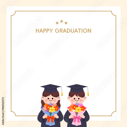 졸업을 축하하는 학생 캐릭터와 텍스트 공간이 있는 프레임 일러스트