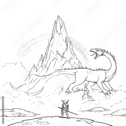 Knight Facing Large Dragon in Front of Mountain Range