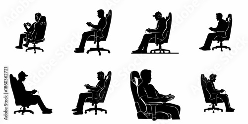 Silhouettes of male gamers sitting in ergonomic gaming chairs, holding controllers, and wearing headphones or caps, for eSports and video game concepts.