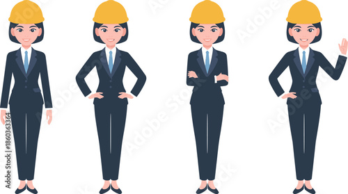 Female engineer character poses wearing safety helmet and business suit, professional construction worker illustration set isolated on white background vector