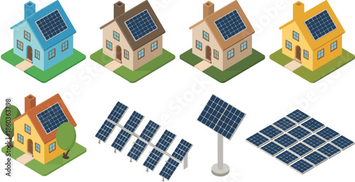 Isometric solar panel houses and photovoltaic arrays set illustrating renewable energy homes, eco friendly sustainable power systems flat vector illustration