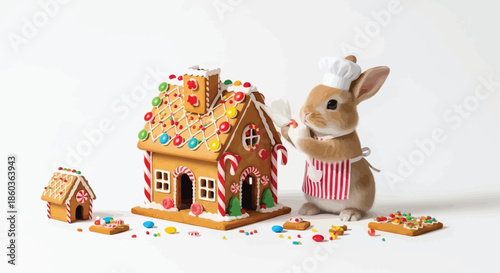A cute bunny chef decorating a gingerbread house with candy on a white background for the holidays