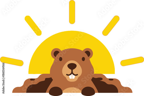 Smiling brown bear emerging from burrow at sunrise