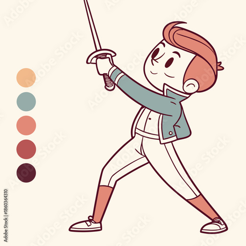 Cartoon child fencer with sword in action pose