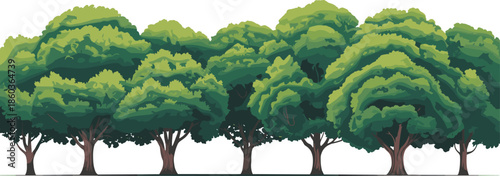 Seamless forest tree line illustration with layered green foliage canopy, deciduous woodland landscape background isolated on white vector style nature design