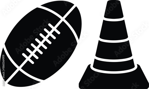 Rugby training cone and ball silhouettes
