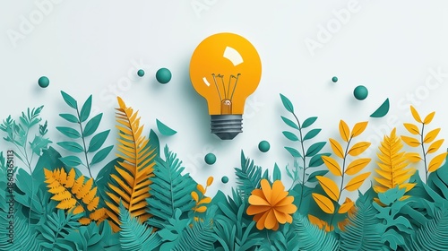 Creative Light Bulb Among Colorful Paper Leaves and Flowers in a Vibrant Nature Inspired Conceptual Design