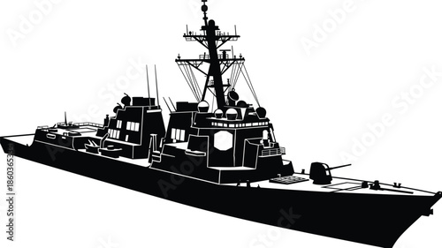 Detailed modern naval warship silhouette illustration showing military destroyer with radar systems isolated on white background for defense concepts