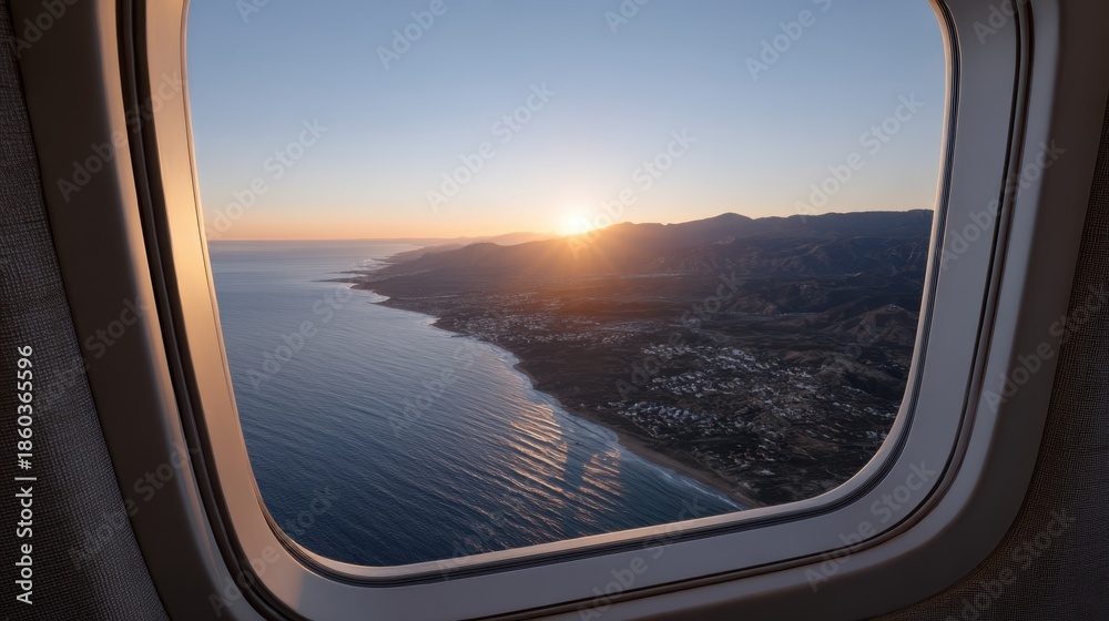 Fototapeta premium Beautiful Sunset View Through Airplane Window Over Coastal Landscape at Dusk