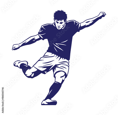 Dynamic illustration of a soccer player kicking the ball in action with graphic style