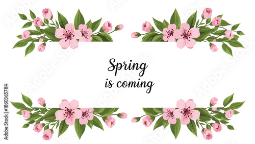 A beautiful spring-themed frame with blooming pink cherry blossoms and the text 'Spring is coming' on a white background.