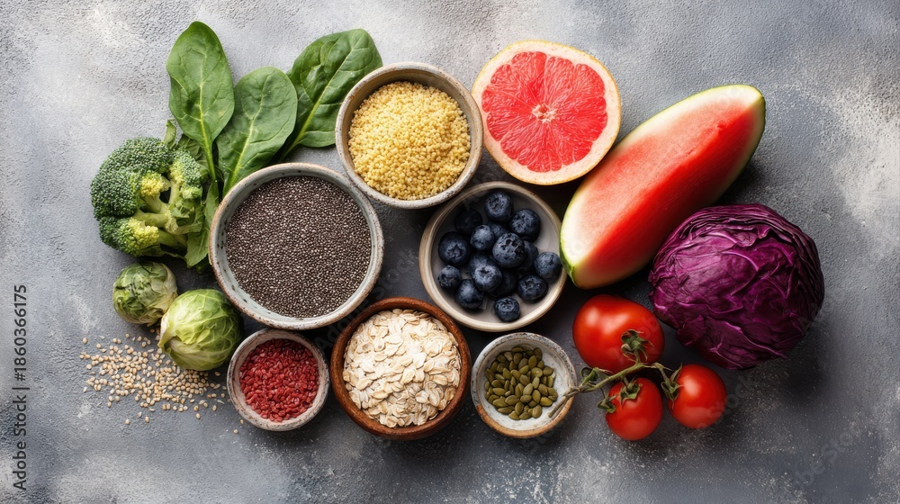 custom made wallpaper toronto digitalVarious fresh healthy products on grey table, top view. Healthy food clean eating selection: fruit, vegetable, seeds, superfood, cereals, leaf vegetable on gray concrete background