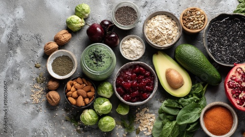 Wallpaper Mural Various fresh healthy products on grey table, top view. Healthy food clean eating selection: fruit, vegetable, seeds, superfood, cereals, leaf vegetable on gray concrete background Torontodigital.ca