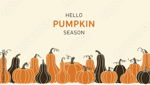 An autumn-themed banner with a border of hand-drawn pumpkins and gourds and the text 'Hello Pumpkin Season' above.