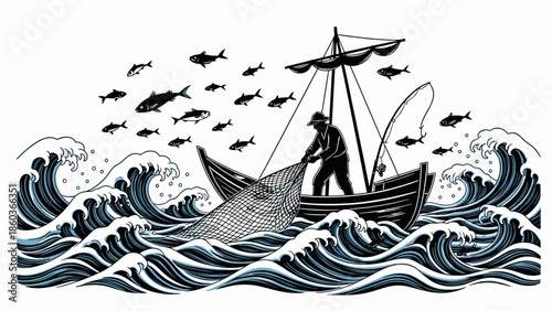 Illustration of a fisherman casting a net from a boat in a stormy sea, surrounded by a school of fish
