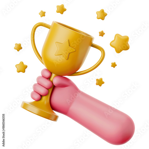 Hand Holding Golden Trophy Cup with Star and Pink Arm