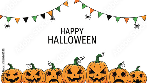 A festive 'Happy Halloween' greeting card design with a row of carved pumpkins below and a decorative party banner above.