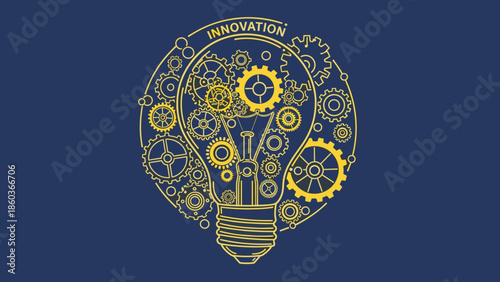 Innovation Concept Light Bulb with Gears and Cogs on Blue Background.