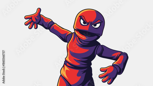 Intense Red and Purple Character with Menacing Expression and Raised Hand.