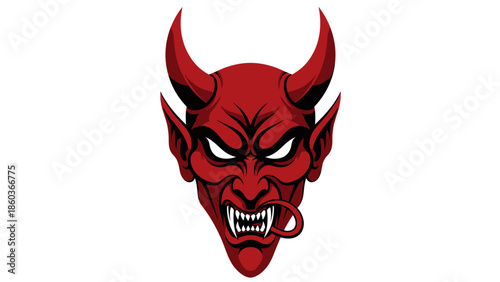 Intense Red Devil Face with Sharp Teeth and Horns Illustration.