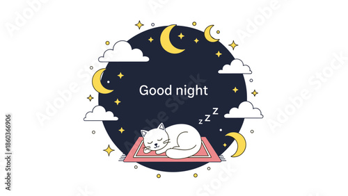 A cute 'Good night' illustration of a white cat sleeping peacefully under a starry night sky with moons and clouds.