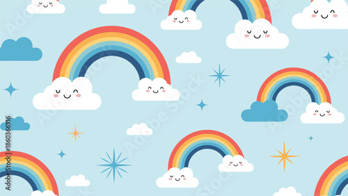 A cute and cheerful seamless pattern of colorful rainbows resting on smiling clouds against a light blue sky with stars.
