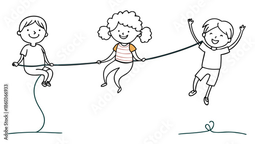 Three kids suspended from a rope, displaying joy and excitement while playing together outside..eps