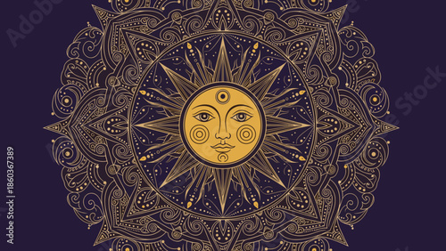 Intricate Sun Mandala with Third Eye and Ornamental Details.