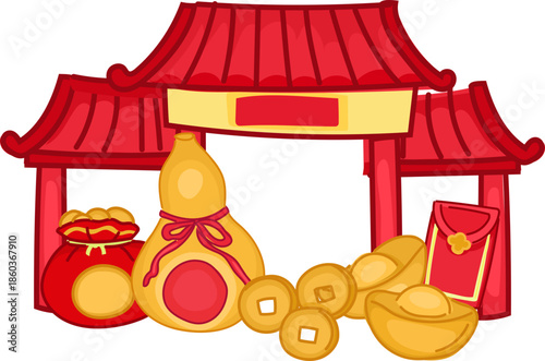 Traditional Chinese Gate Illustration for Chinese New Year and Festive Design