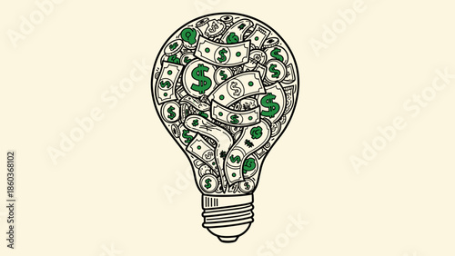 Light Bulb Filled with Money Idea Generation and Financial Investment.