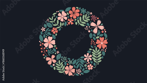 The letter O or a circular frame beautifully crafted from a dense arrangement of colorful flowers and leaves on a dark background.