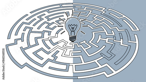 Light Bulb in the Center of a Complex Maze Idea Generation Concept.
