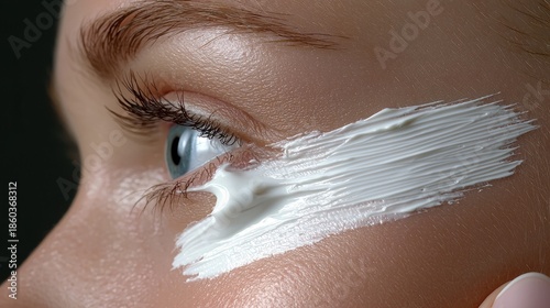 Close-Up of Female Face with Cream Applied to Skin for Skincare and Beauty Treatment in Natural Light