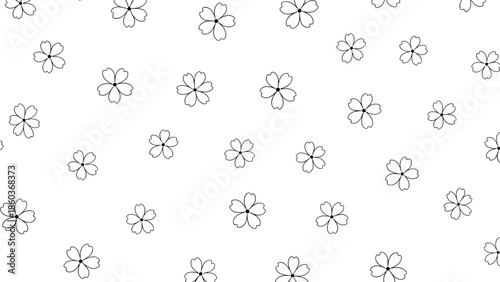 A minimalist and delicate seamless pattern of small, hand-drawn black outline flowers scattered across a white background.
