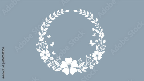 An elegant white silhouette of a floral wreath with butterflies, creating a beautiful frame on a dusty blue background.