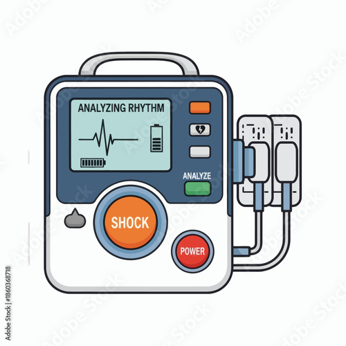 Illustration of a portable automated external defibrillator (AED) with patient vital signs displayed on the screen and attached electrode pads