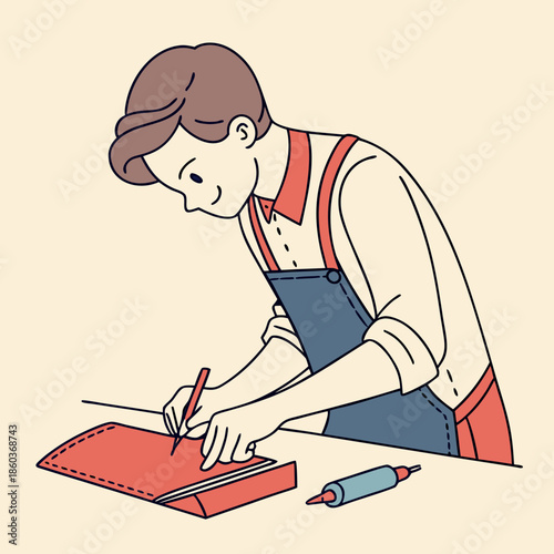 Craftsman drawing on paper with tool on table