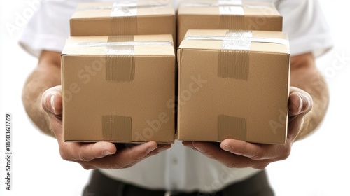 Hands Carrying Four Brown Boxes with Packages Ready for Delivery in a Neutral Setting