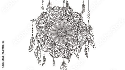 Intricate Dreamcatcher Mandala with Feathers and Beads in Black and White.